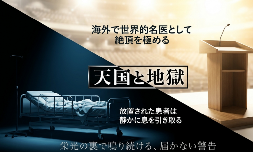 海外講演の演台と病室を対比し、財前が世界的名医として絶頂を迎える一方で佐々木庸平が亡くなる第11話を表したスライド