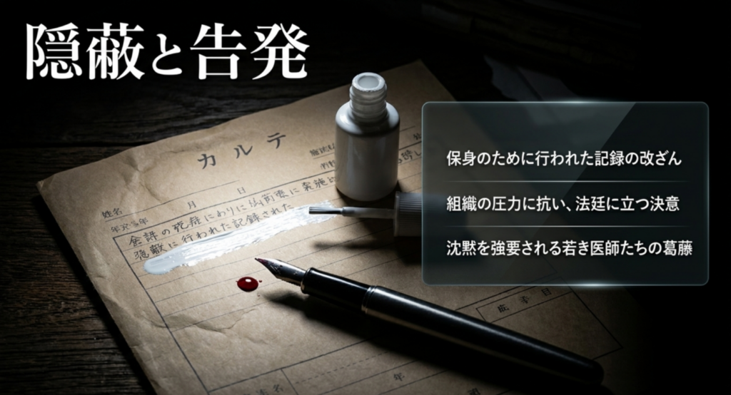 修正液が置かれたカルテを背景に、保身のための記録改ざん、法廷に立つ里見、沈黙を迫られる柳原の葛藤を示したスライド