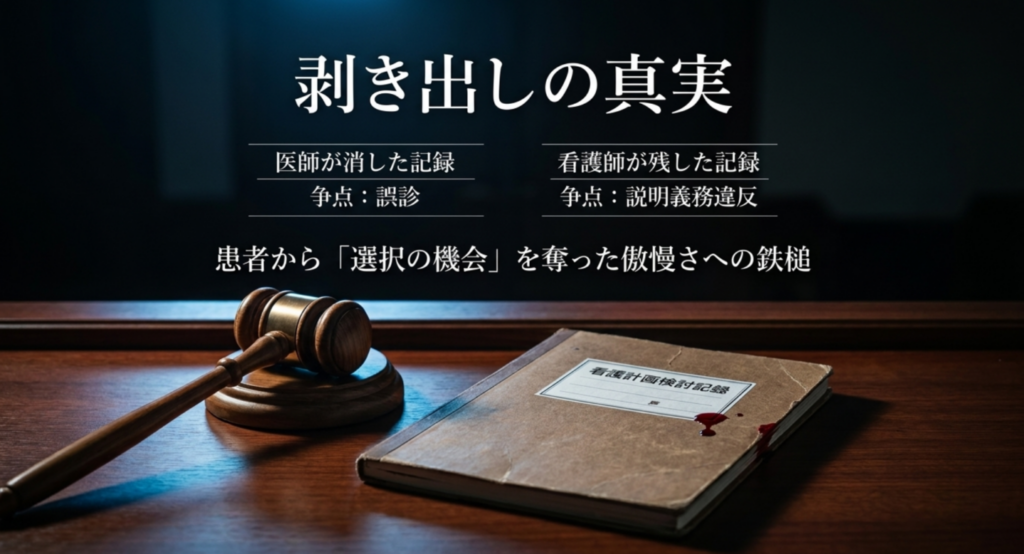 法廷の木槌と看護計画検討記録を描き、医師が消した記録に対して看護師が残した記録が説明義務違反を明らかにしたことを示すスライド