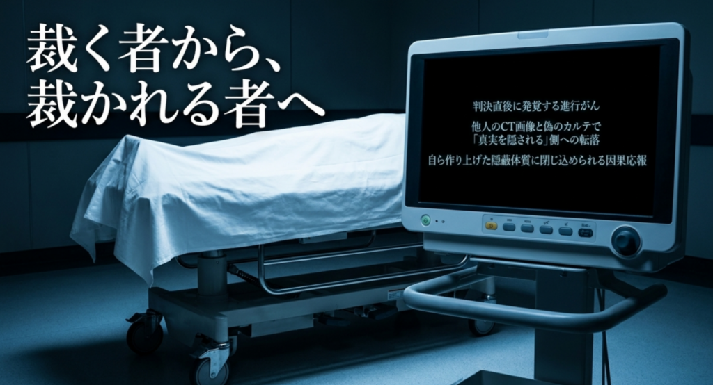 病床と医療モニターを描き、控訴審判決後に肺がんが判明した財前が偽のカルテと他人のCT画像で真実を隠される側へ転落する展開を示すスライド
