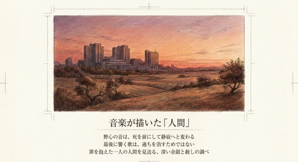 夕暮れの大学病院を描き、白い巨塔の音楽が野心から死と贖罪へ変わる人間ドラマを表すスライド