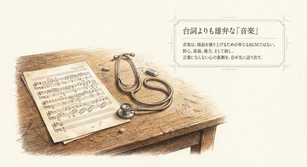 楽譜と聴診器を描き、白い巨塔では音楽が人物の野心や葛藤を語ることを示すスライド