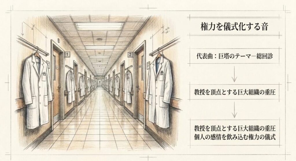 白衣が並ぶ大学病院の廊下を描き、総回診のBGMが教授を頂点とする権力を儀式化することを示すスライド