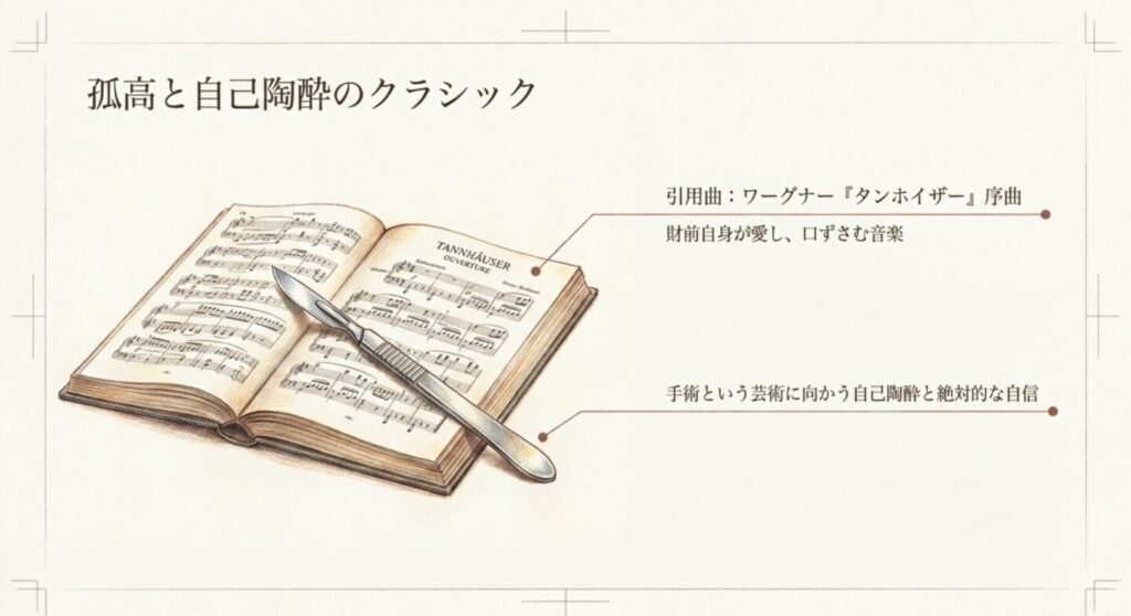 タンホイザーの楽譜とメスを描き、財前五郎の自己陶酔と孤独を象徴するクラシック曲を示すスライド