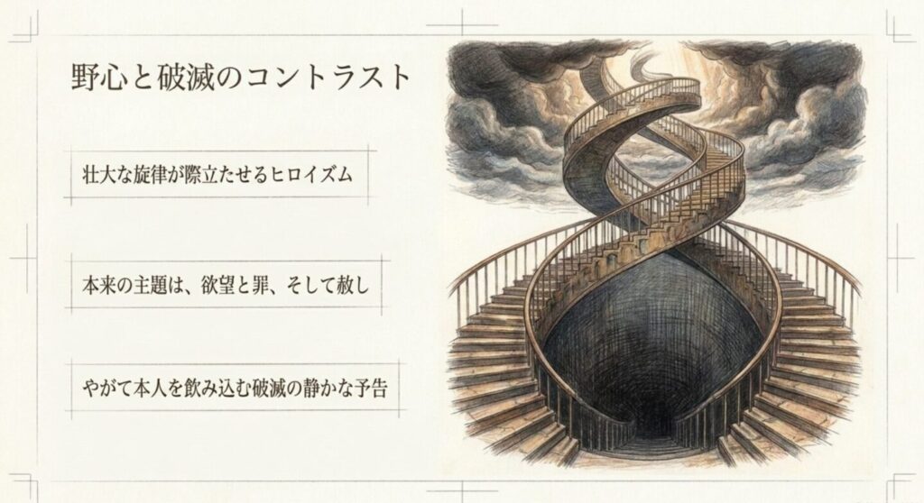 上昇するらせん階段と暗い穴を描き、財前の野心と破滅の対比を示すスライド