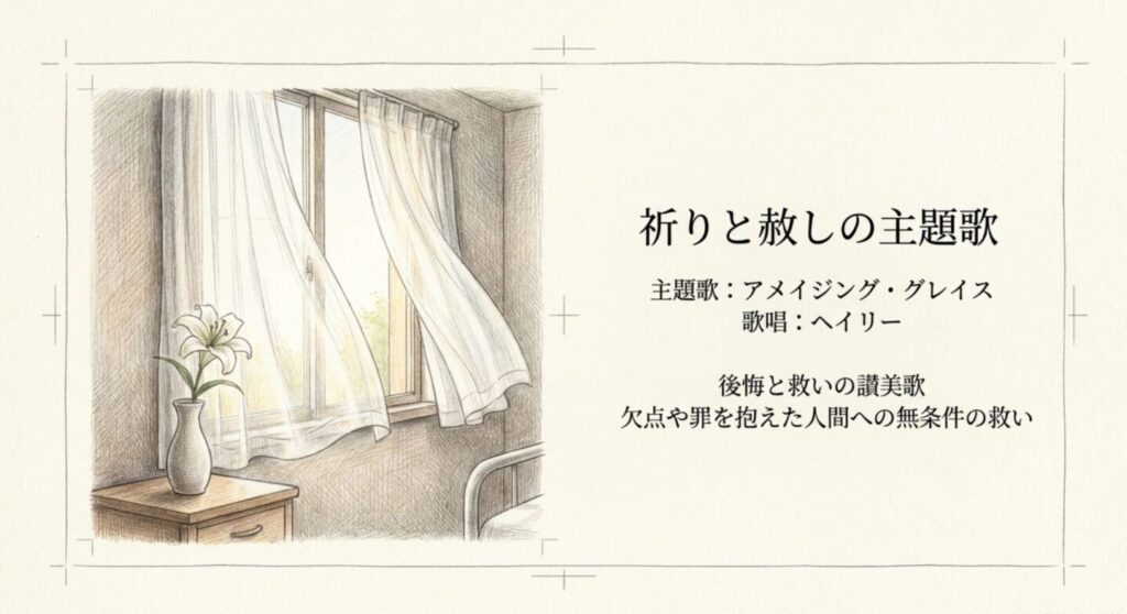 白いカーテンと花を描き、白い巨塔の主題歌アメイジング・グレイスが祈りと赦しを象徴することを示すスライド