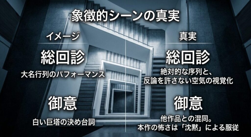 総回診は絶対的な序列と反論を許さない空気の視覚化であり、御意は他作品との混同だと整理したスライド