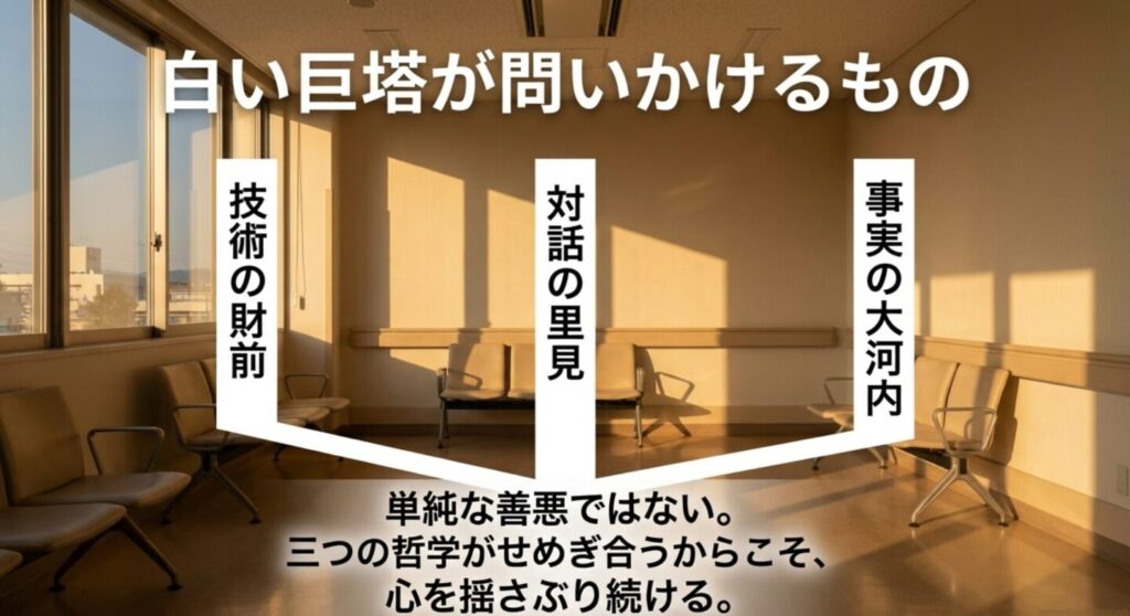 白い巨塔が技術の財前、対話の里見、事実の大河内という三つの哲学を通して単純な善悪ではない問いを投げかけると示したスライド
