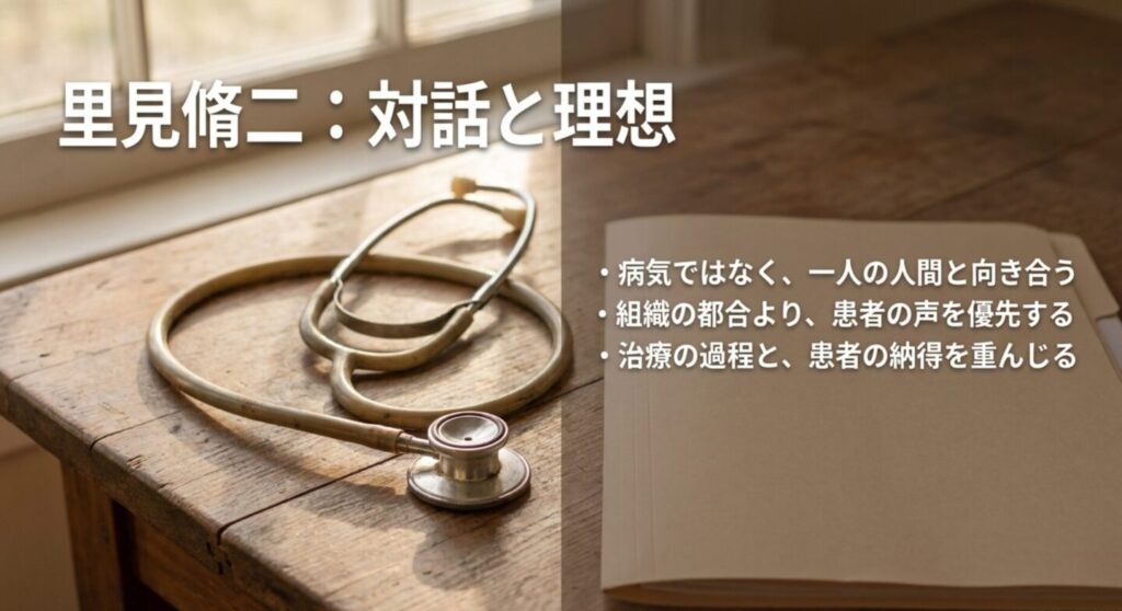 聴診器を背景に里見脩二が病気ではなく一人の人間と向き合い、患者の声と治療の過程を重んじる姿勢を示したスライド