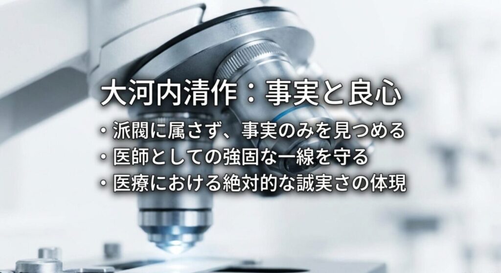 顕微鏡を背景に大河内清作が派閥に属さず事実を見つめ、医師としての強固な一線と誠実さを守る人物だと示したスライド