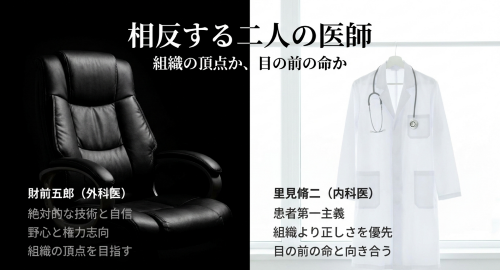 財前五郎と里見脩二の医師としての違いを比較したスライド