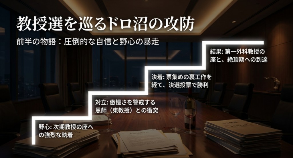白い巨塔2019年版の教授選をめぐる財前五郎の攻防を整理したスライド