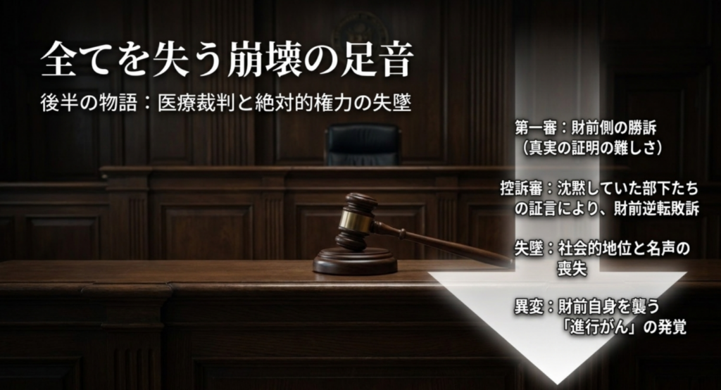 医療裁判で財前五郎が敗訴し権力を失っていく流れをまとめたスライド