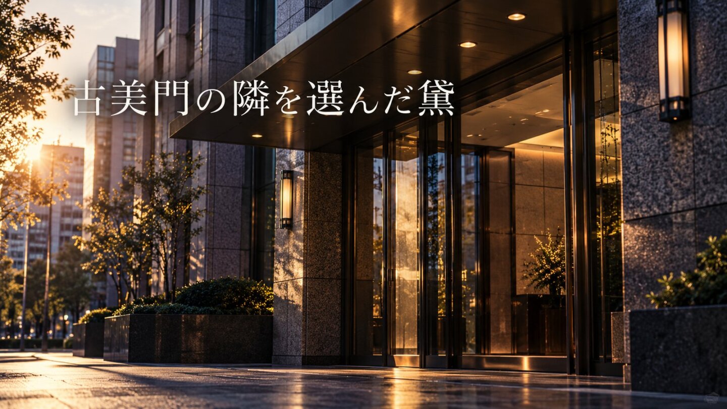 都会の建物入口を背景に「古美門の隣を選んだ黛」と表示したスライド