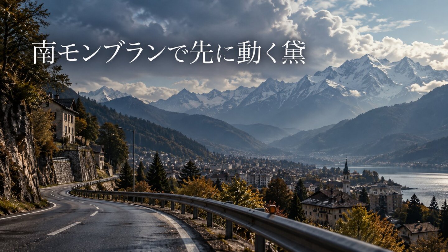 山あいの町と道路を背景に「南モンブランで先に動く黛」と表示したスライド