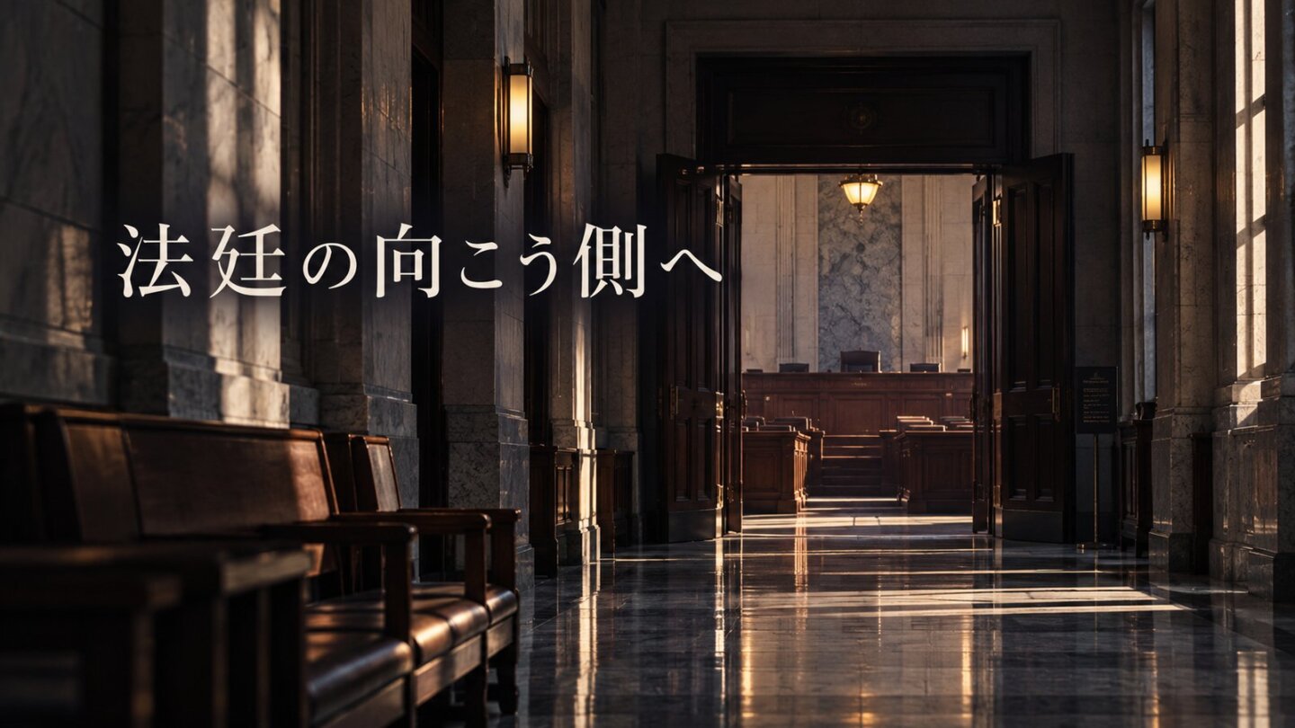 裁判所の廊下を背景に「法廷の向こう側へ」と表示したスライド