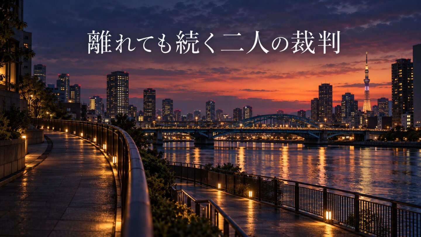 夕暮れの東京の水辺を背景に「離れても続く二人の裁判」と表示したスライド