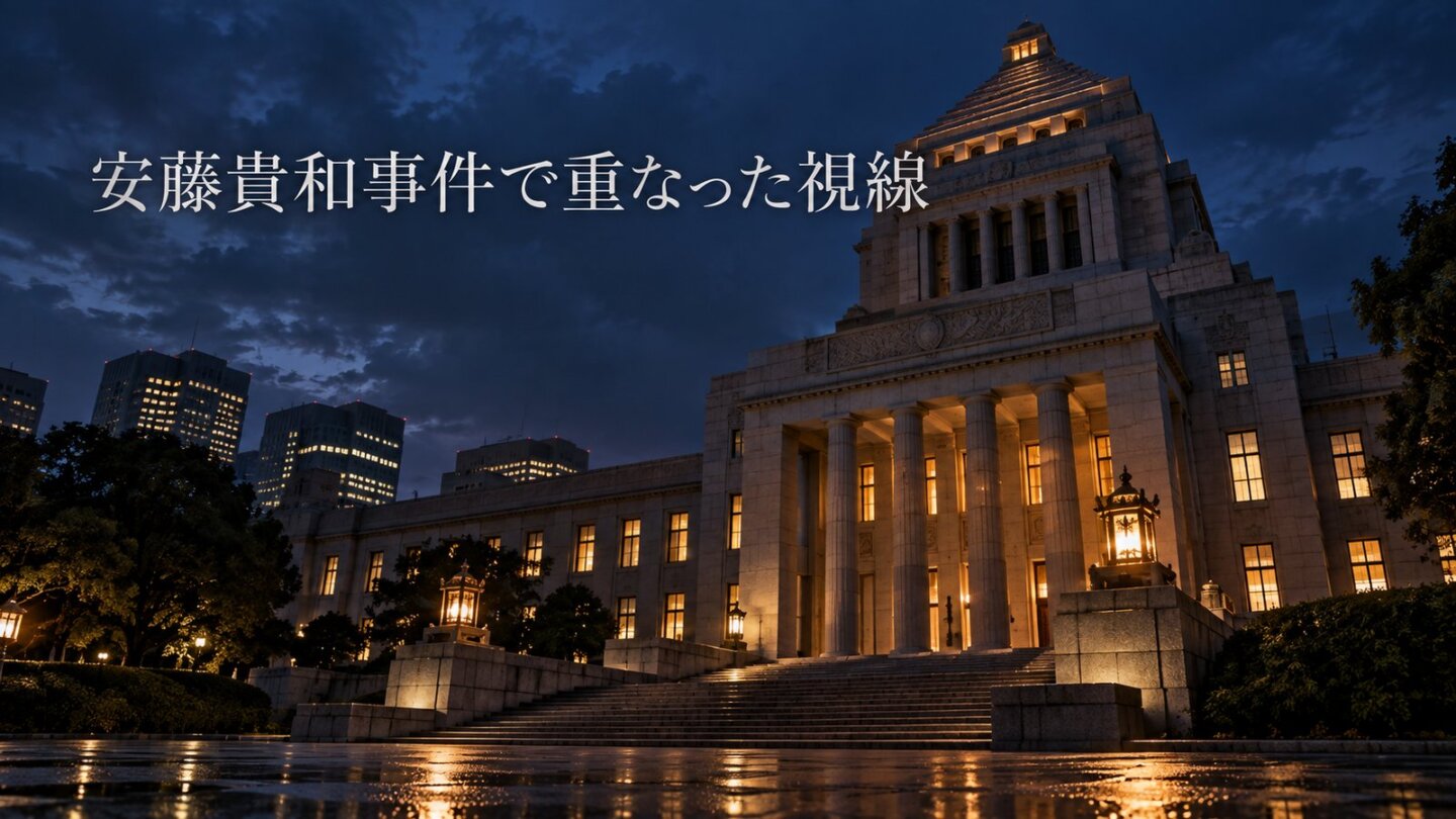 雨の夜の重厚な庁舎を背景に「安藤貴和事件で重なった視線」と表示したスライド