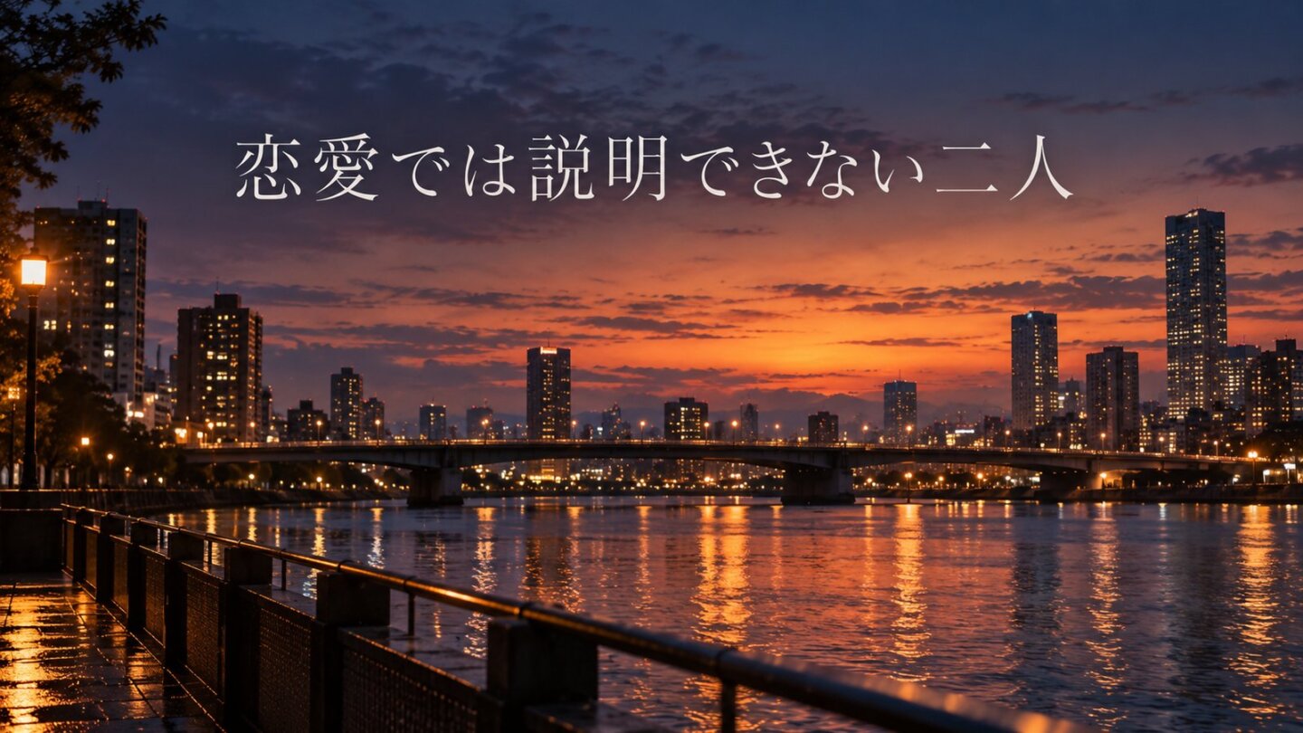 夕暮れの川辺を背景に「恋愛では説明できない二人」と表示したスライド