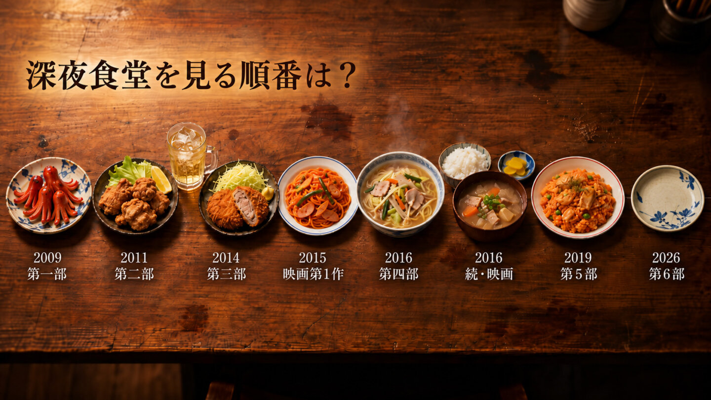 深夜食堂の公開順を2009年から2026年まで料理と年号で示した一覧。2026年の第六部は空の皿