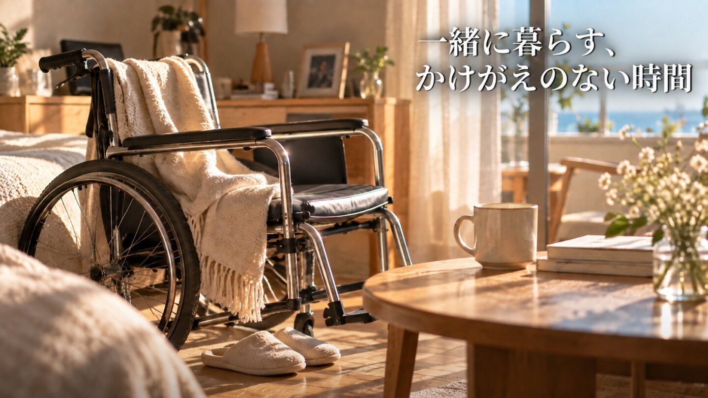 車椅子と穏やかな部屋で二人の暮らしを表したイメージ画像