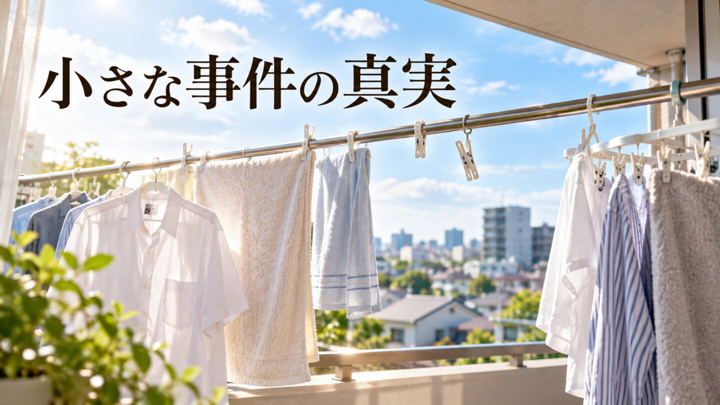 下着泥棒事件を連想させる住宅のベランダの洗濯物と空いた洗濯ばさみ