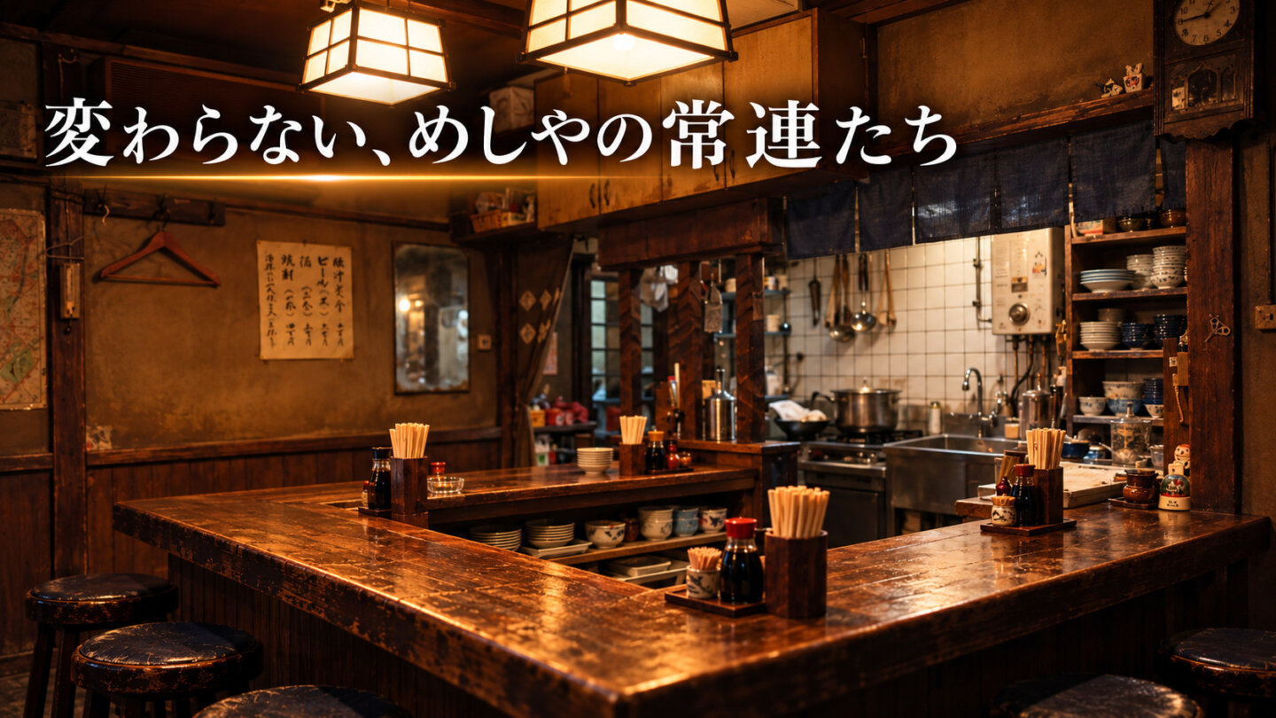 実際のめしやの店内を参考にしたコの字型カウンターと丸椅子、厨房の写真調イメージ