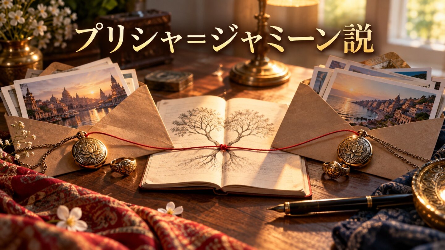 プリシャとジャミーンを結ぶ手掛かりを赤い糸で表した考察イメージ