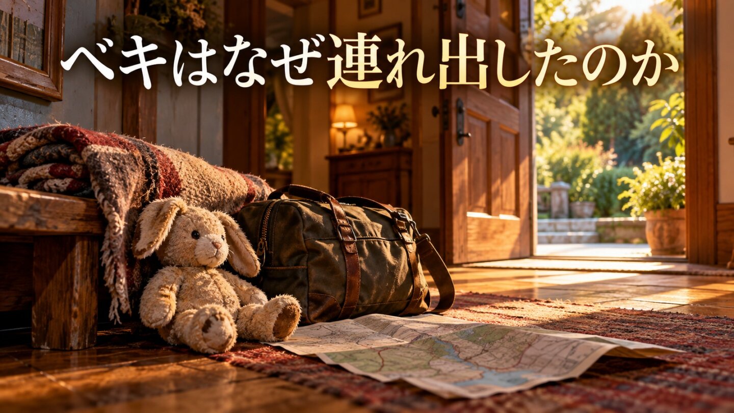 ベキが幼いプリシャを連れ出した理由を旅支度と開いた扉で表したイメージ