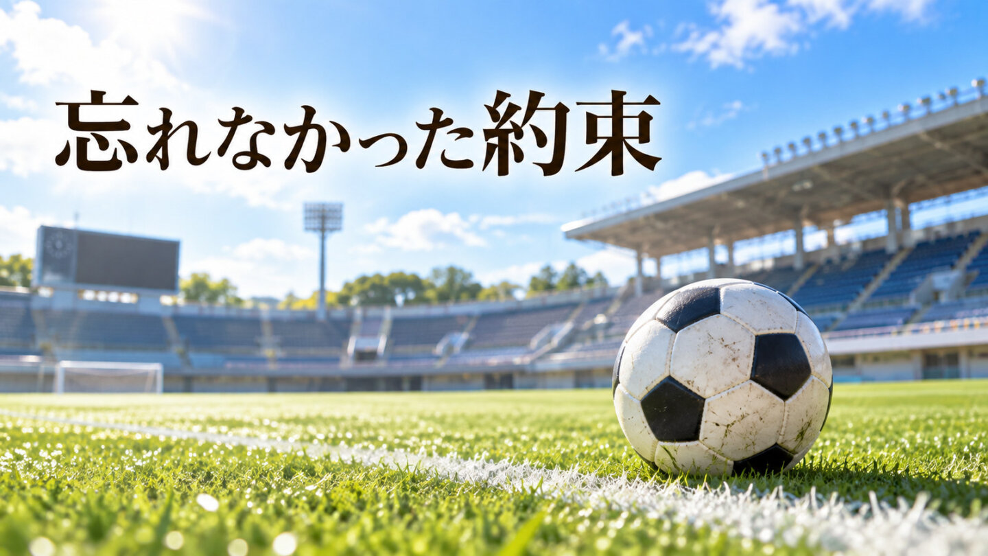 青空のサッカースタジアムで芝生に置かれたサッカーボールと雨宮が覚えた約束を表す見出し