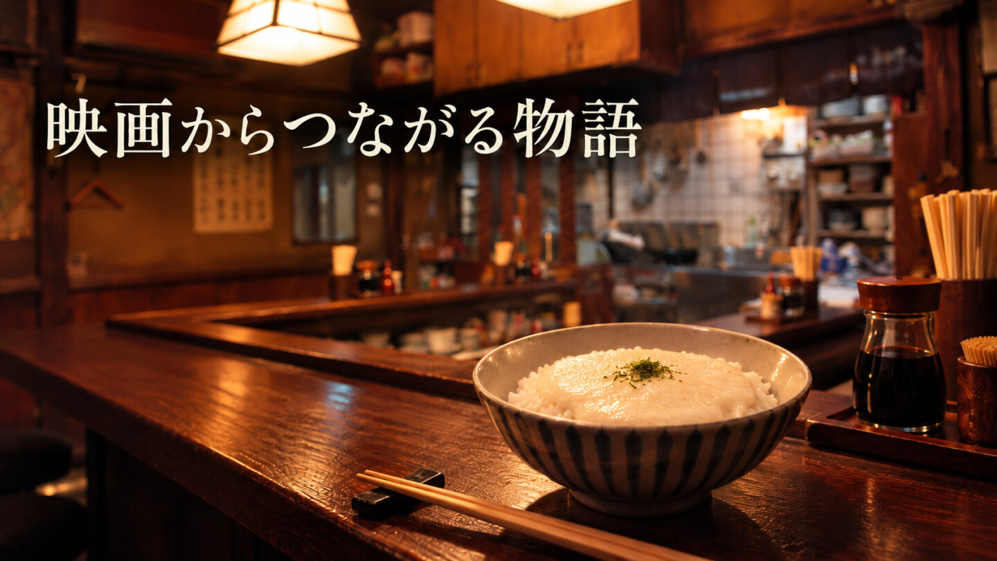 めしやの木製カウンターに置いた青のりを少量のせたとろろご飯のイメージ