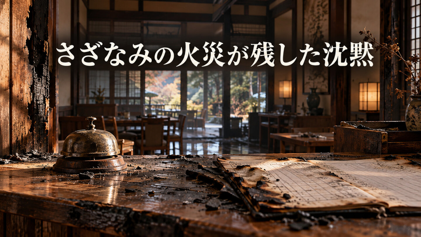 料亭さざなみの火災後に残った沈黙を焼け跡と帳簿で表したイメージ