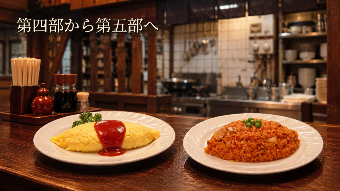 深夜食堂の第四部をイメージしたオムライスと第五部のチキンライスを並べた比較画像