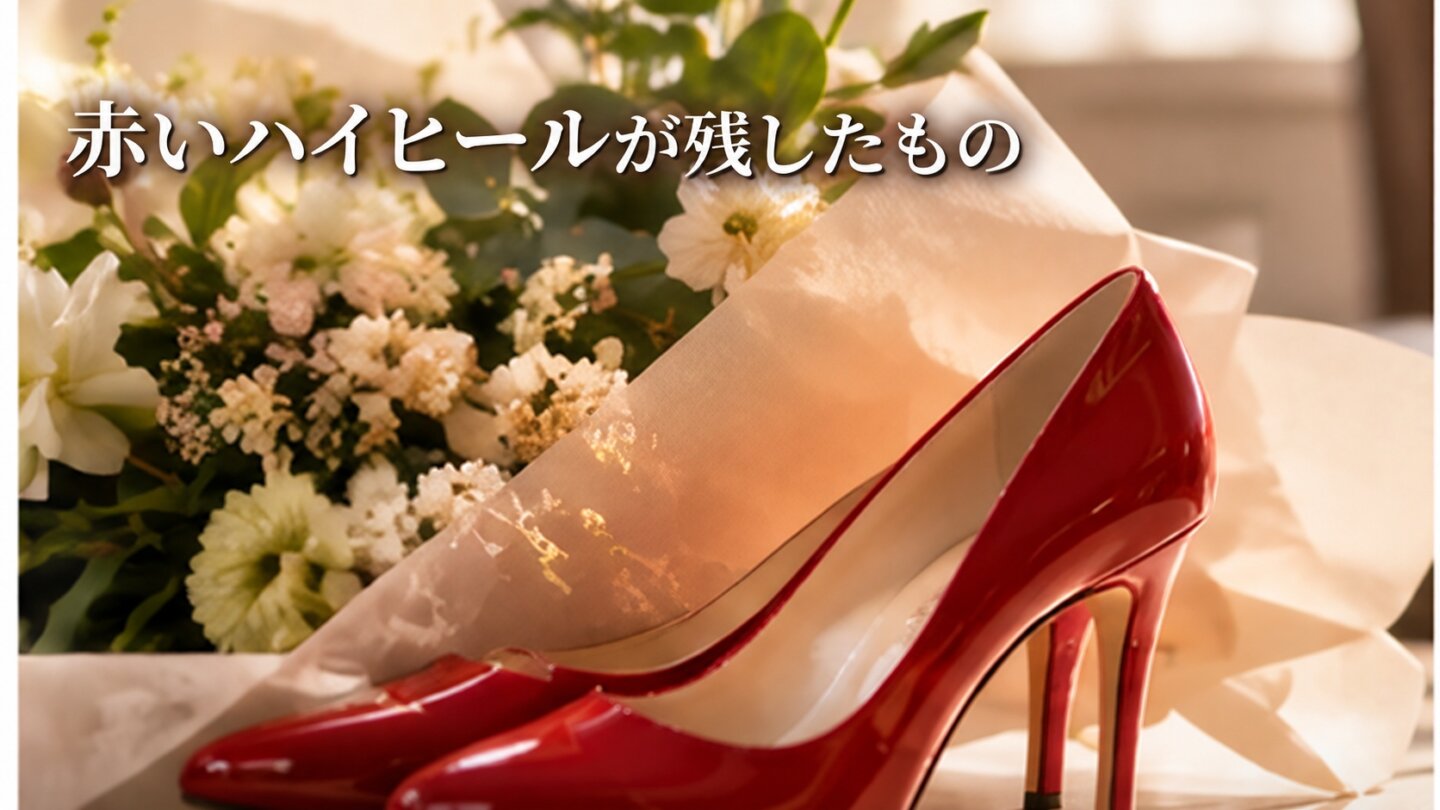 赤いハイヒールと花束で最終回の象徴を表したイメージ画像