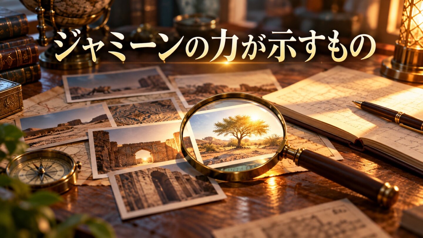ジャミーンの善悪を見抜く力と物語の謎を写真と虫眼鏡で表したイメージ