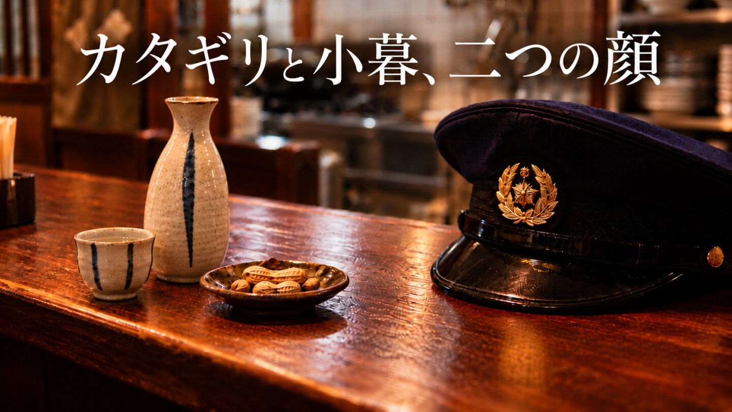 めしやのカウンターに酒器と落花生、警察官の制帽を置いて二役を表現したイメージ