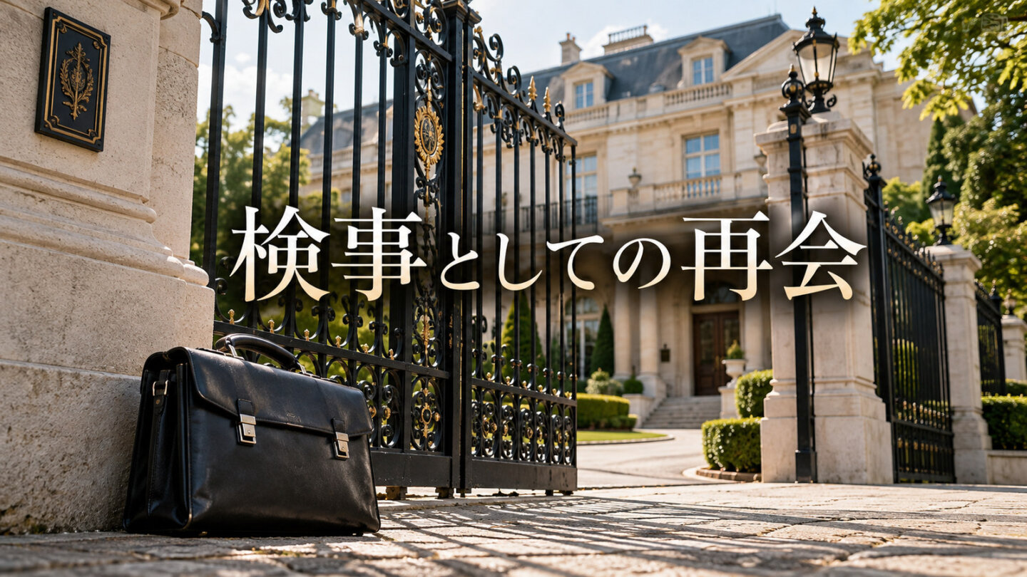 閉ざされた大使館風の門の前に置かれた黒い書類バッグと検事としての再会の見出し