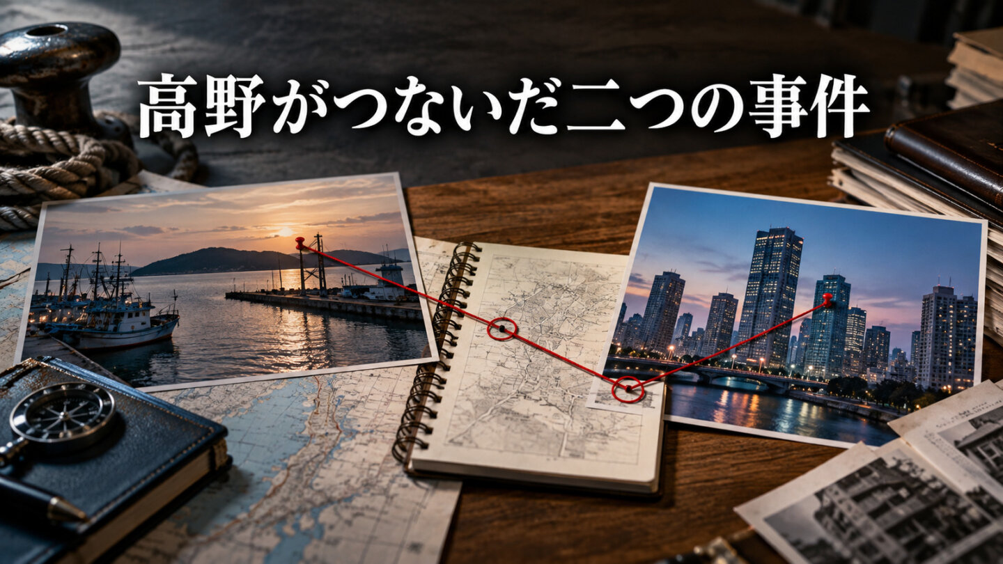 青景島の事件と東京の野口夫妻事件を高野がつないだことを表すイメージ