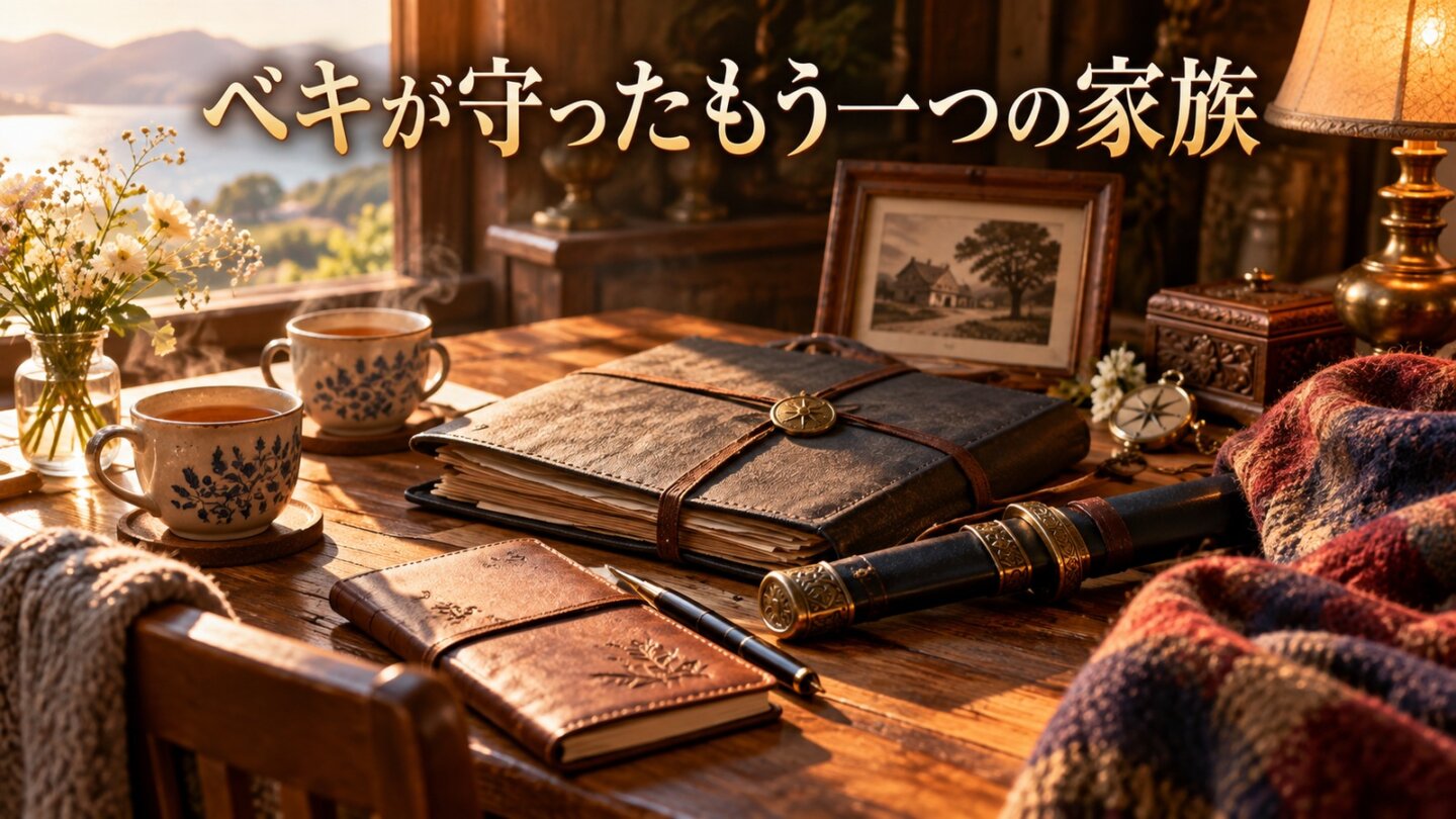 ベキが守ろうとした家族のつながりを記録帳と二つのカップで表したイメージ