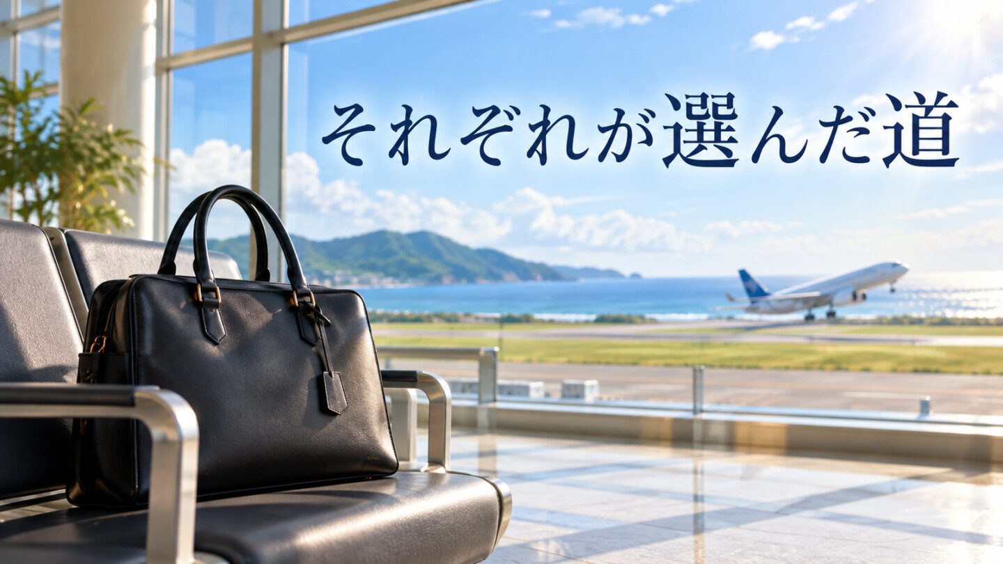 明るい空港ロビーの黒い仕事用バッグと窓の向こうを飛ぶ飛行機、それぞれが選んだ道の文字