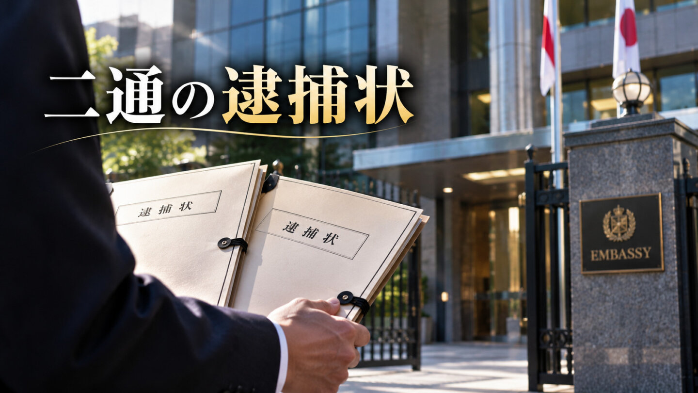 光屋と能崎への二通の逮捕状を象徴するイメージ