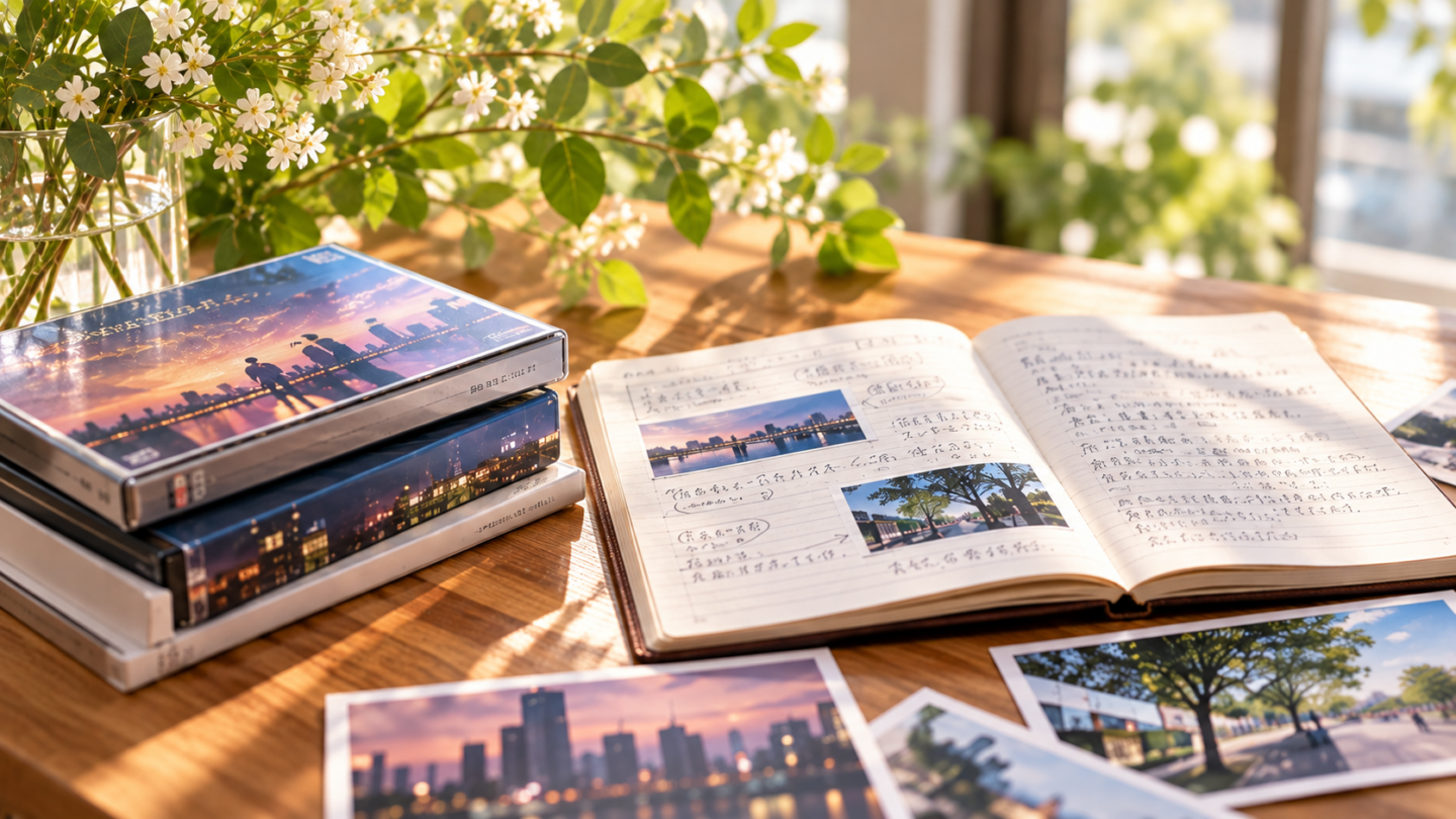 ドラマの場面写真やノート、作品資料を並べて考察するイメージ