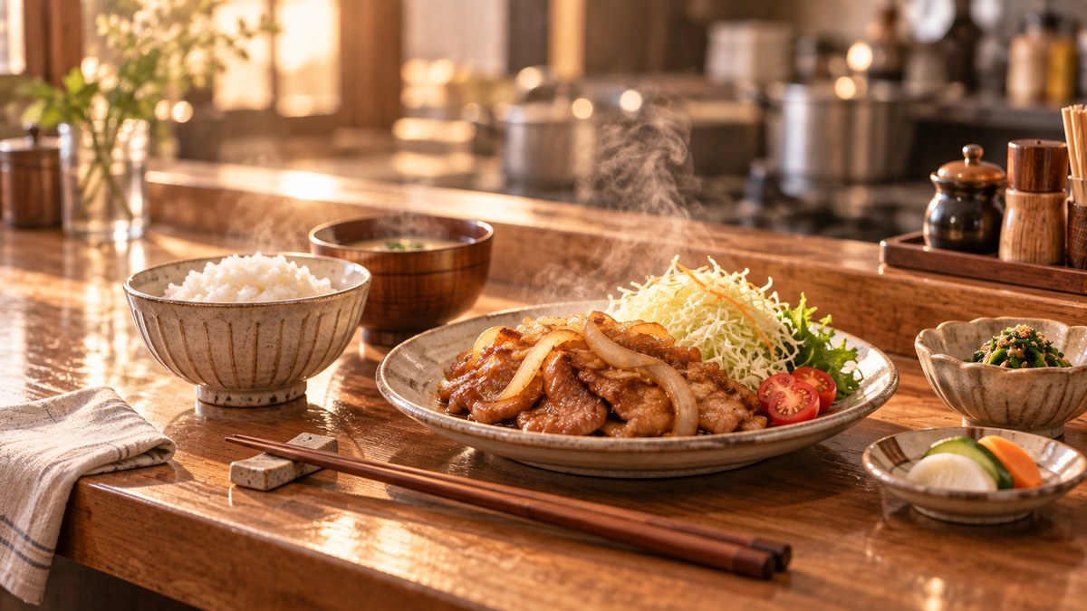 グルメドラマをイメージした湯気の立つ温かな和食定食