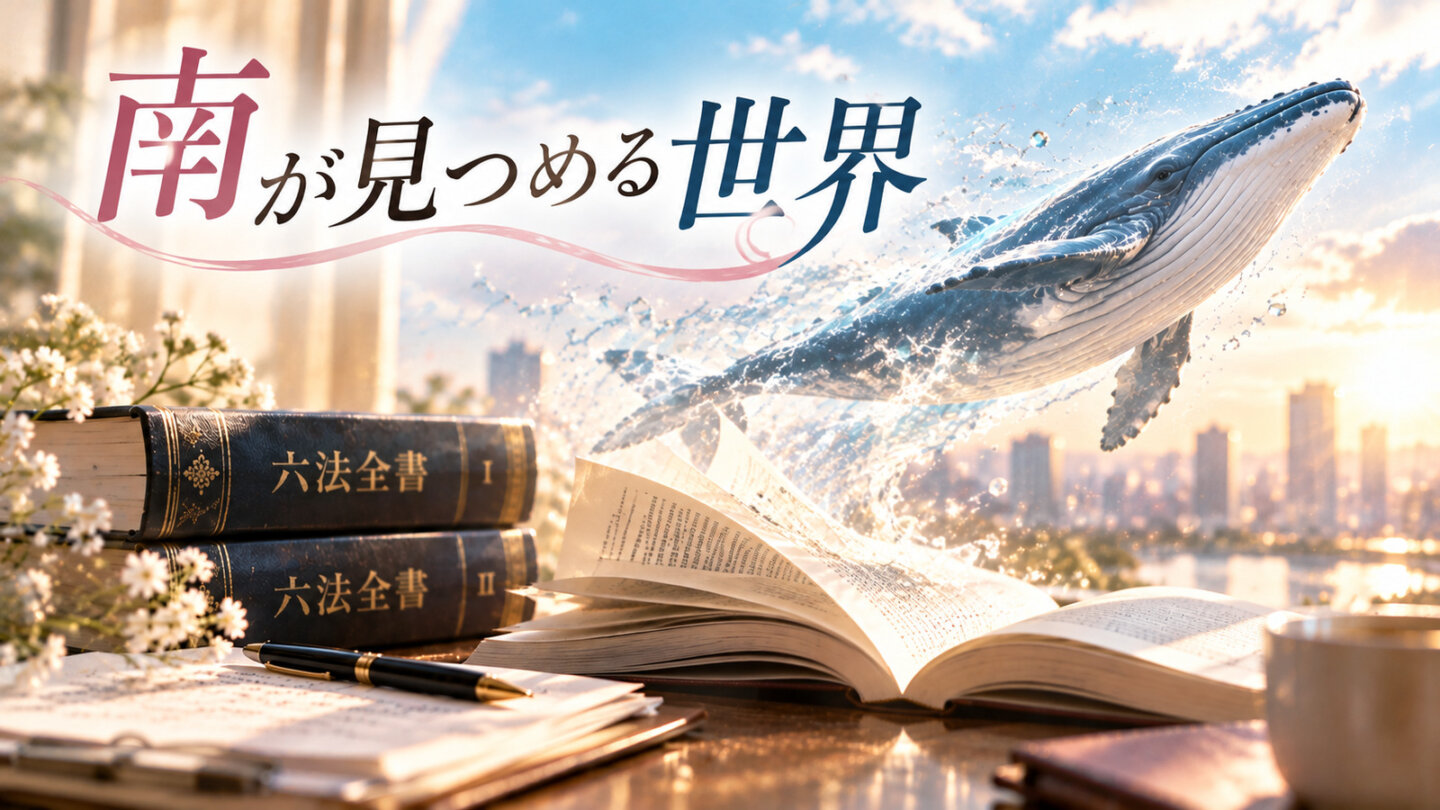 南が見つめる世界 南田南弁護士は天才肌を象徴する六法全書と空に浮かぶクジラ