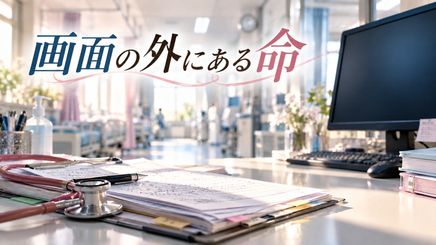 画面の外にある命 アナログナースを象徴する手書きの看護記録と聴診器、停止したモニター