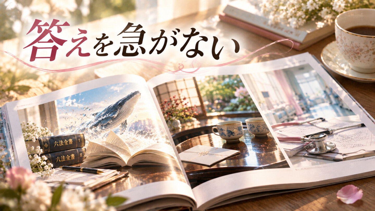 答えを急がない 六法全書とクジラ、二客の湯呑み、看護記録を収めた雑誌の誌面