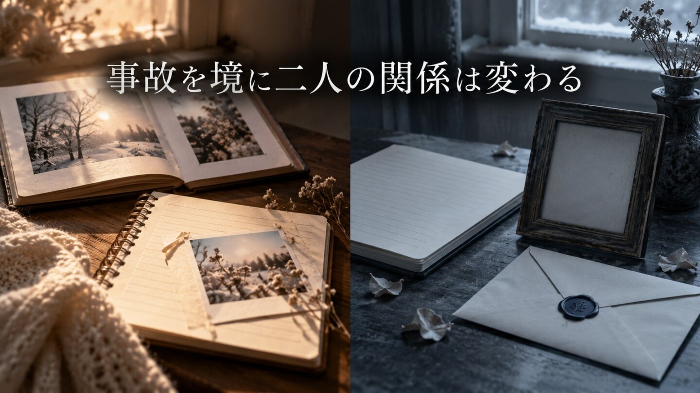 事故を境に也英と晴道の関係が非対称になることを表したイメージ