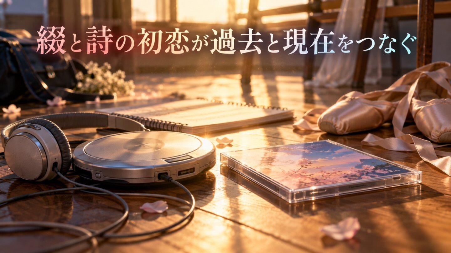 綴と詩の初恋と音楽が過去と現在をつなぐことを表したイメージ