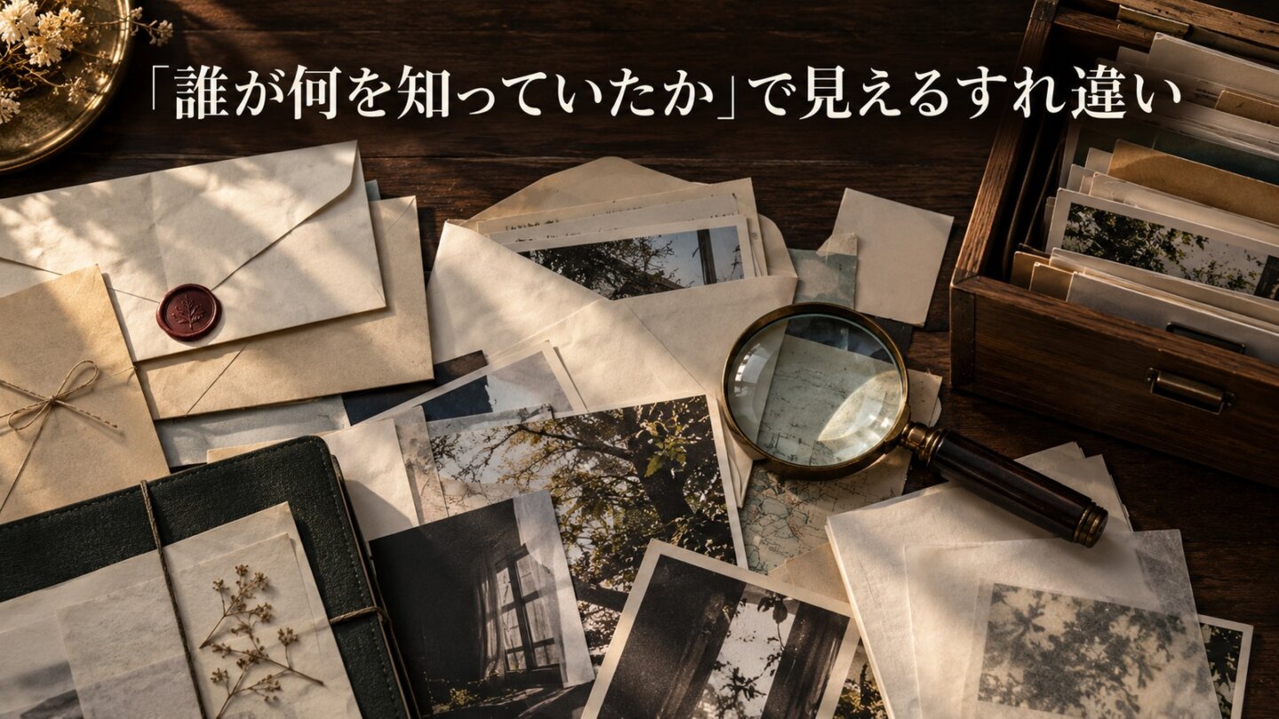 人物ごとの知っている情報の違いから生まれるすれ違いを表したイメージ