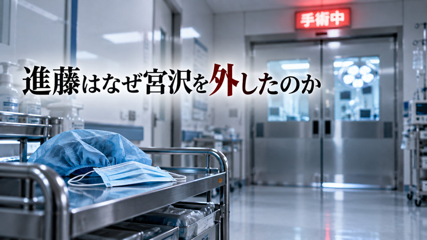手術中のランプが灯る手術室入口と、用意された青い手術用キャップ